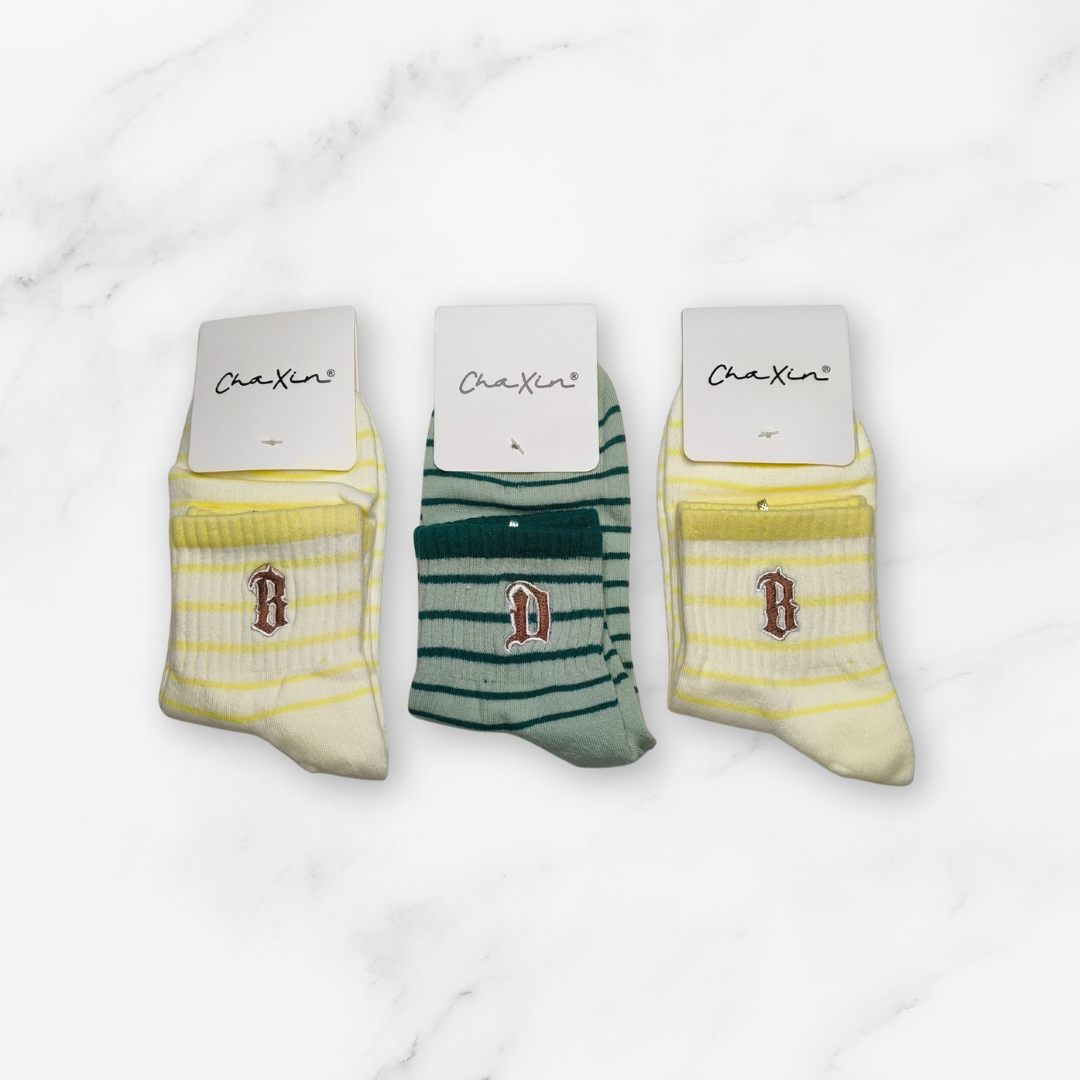 [10104] - 3 Pairs Women’s Cotton Blend Crew Socks – Breathable Graphics/Stripe/Embroidery Mix _9