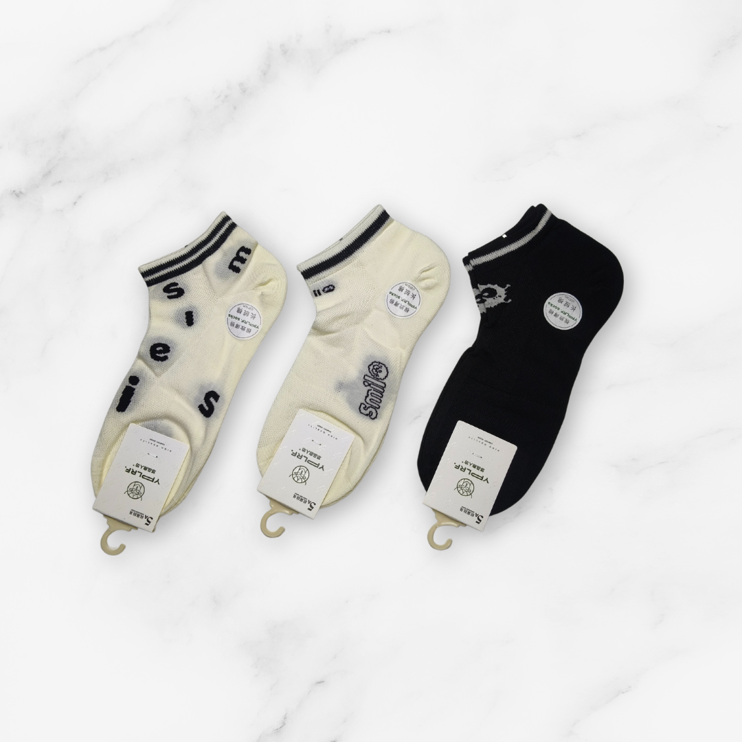 [10145] - 3 Pairs Women’s High-Cotton Low-Cut Ankle Socks – Breathable Stripes/Plain & Comfort _3