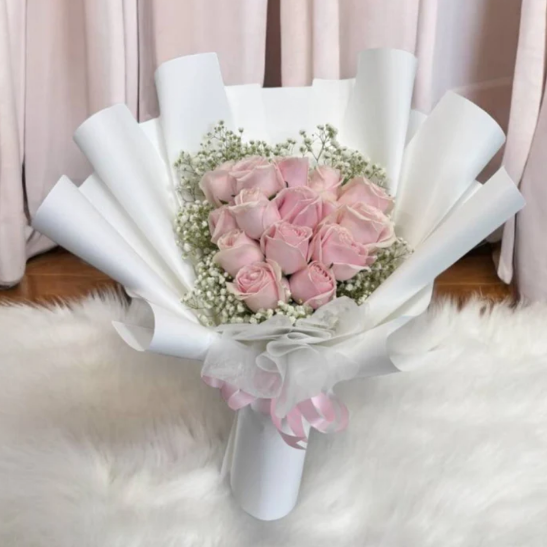 15 Fresh Pink Roses with Baby Breath Bouquet_0