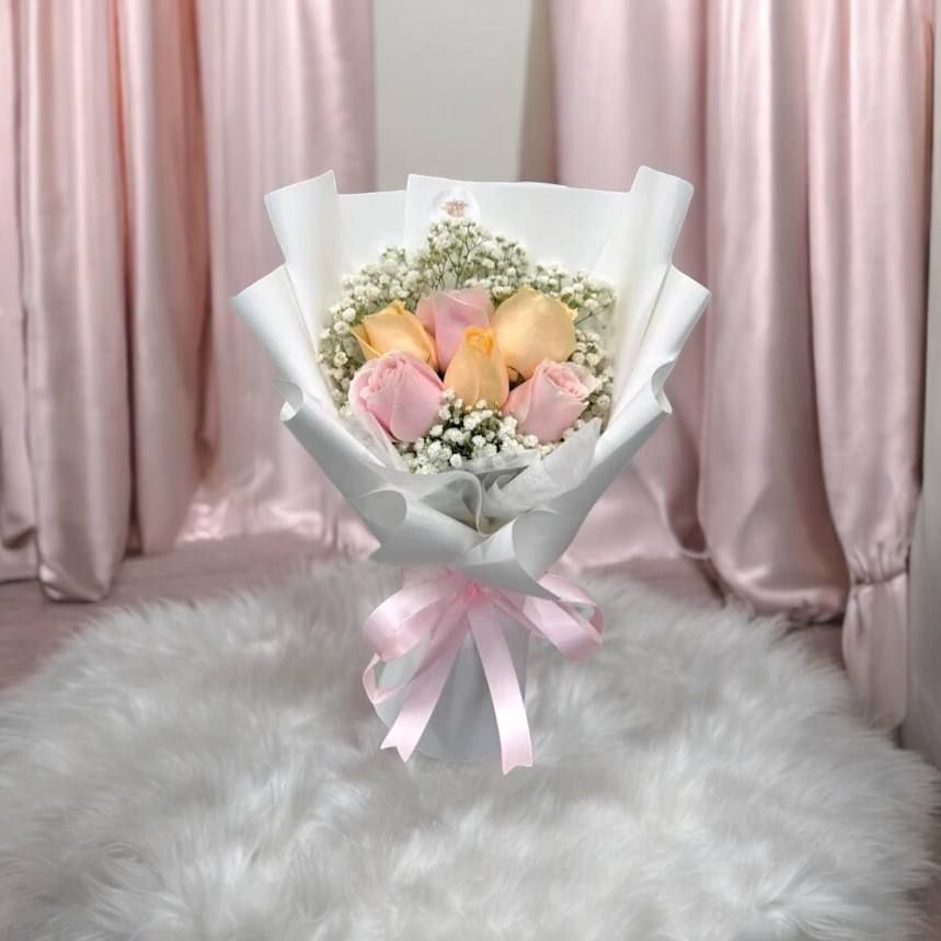 6 Fresh Mix Champagne & Pink Roses & Baby's Breath Bouquet_0