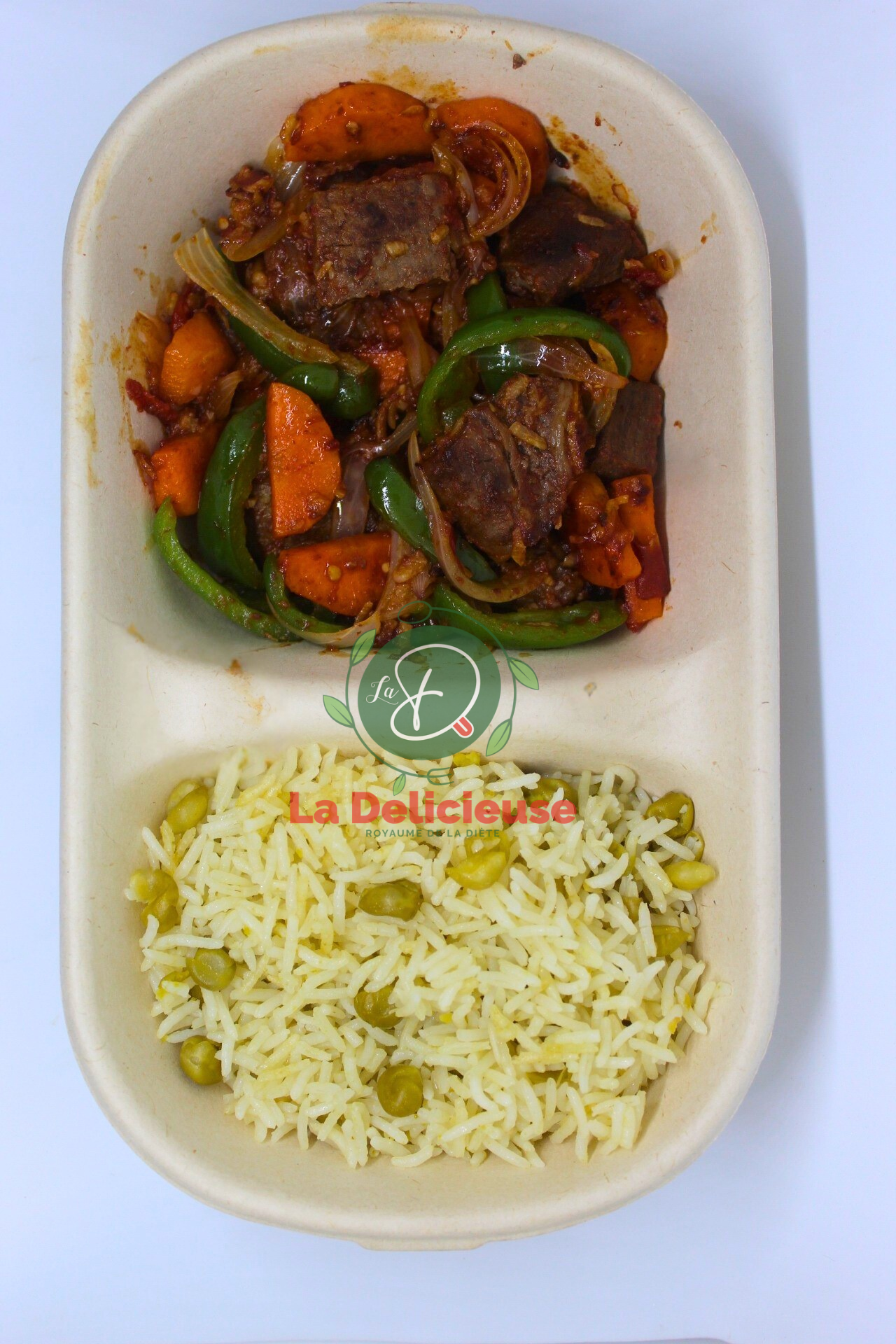 Viande de boeuf aux oignons sautés + riz basmati aux petits pois _0