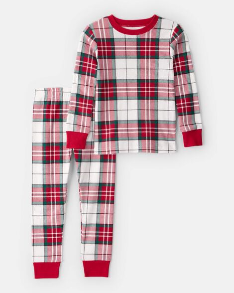Plaid Print 100% Cotton Long-Sleeve Snug Fit 2-Piece Pajamas_0