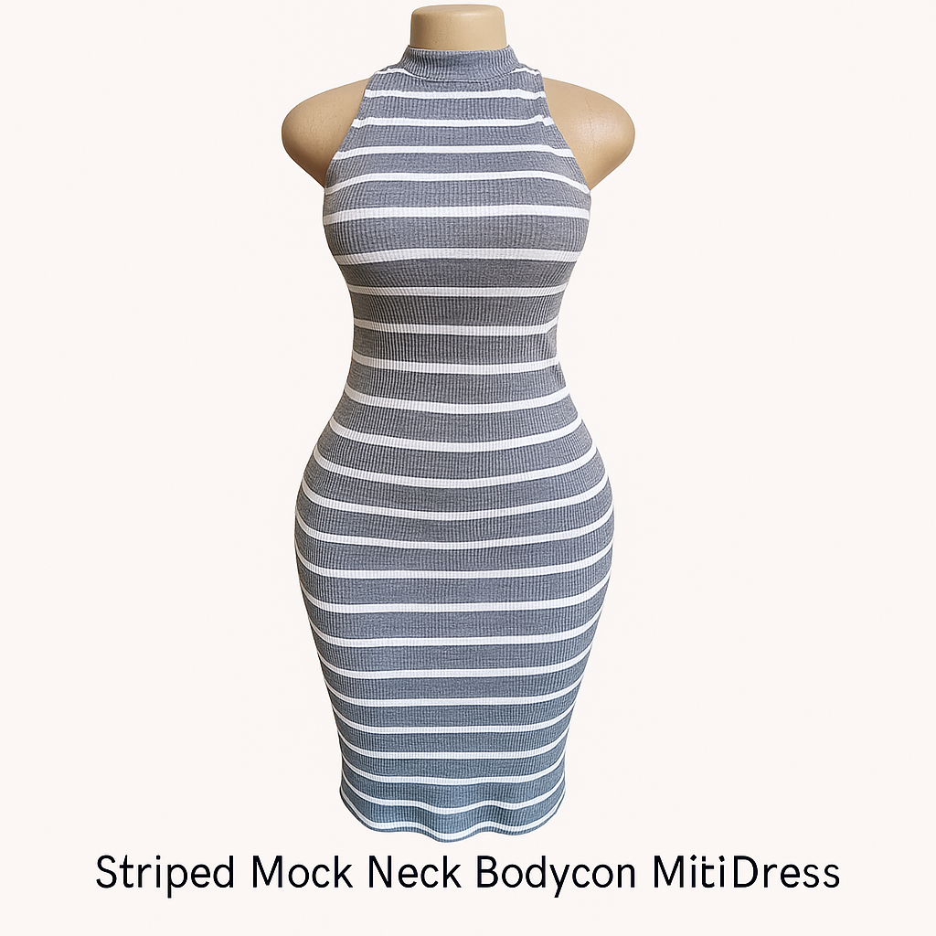 Striped Mock Neck Bodycon Miti Dress_0