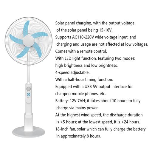 Standing Pedestal Fan 18 lnches Rechargeable Fan +Solar Panel + LED Light_1