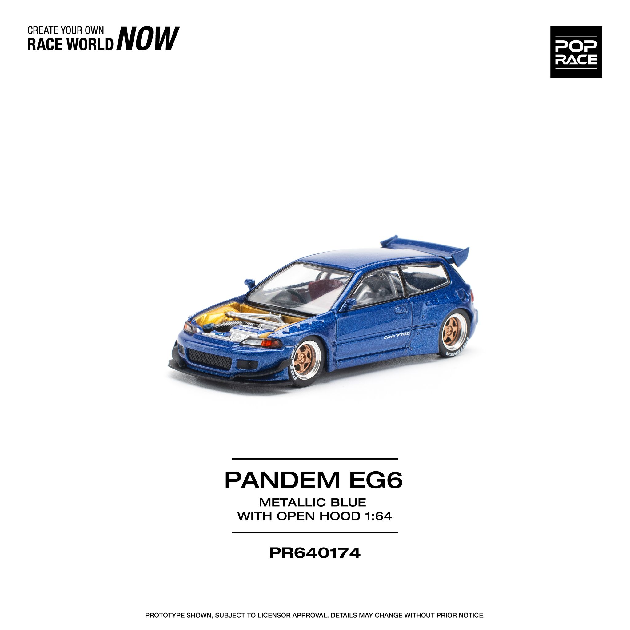 POP RACE MODEL 1/64 HONDA CIVIC EG6 PANDEM - METALLIC BLUE WITH OPEN HOOD_5
