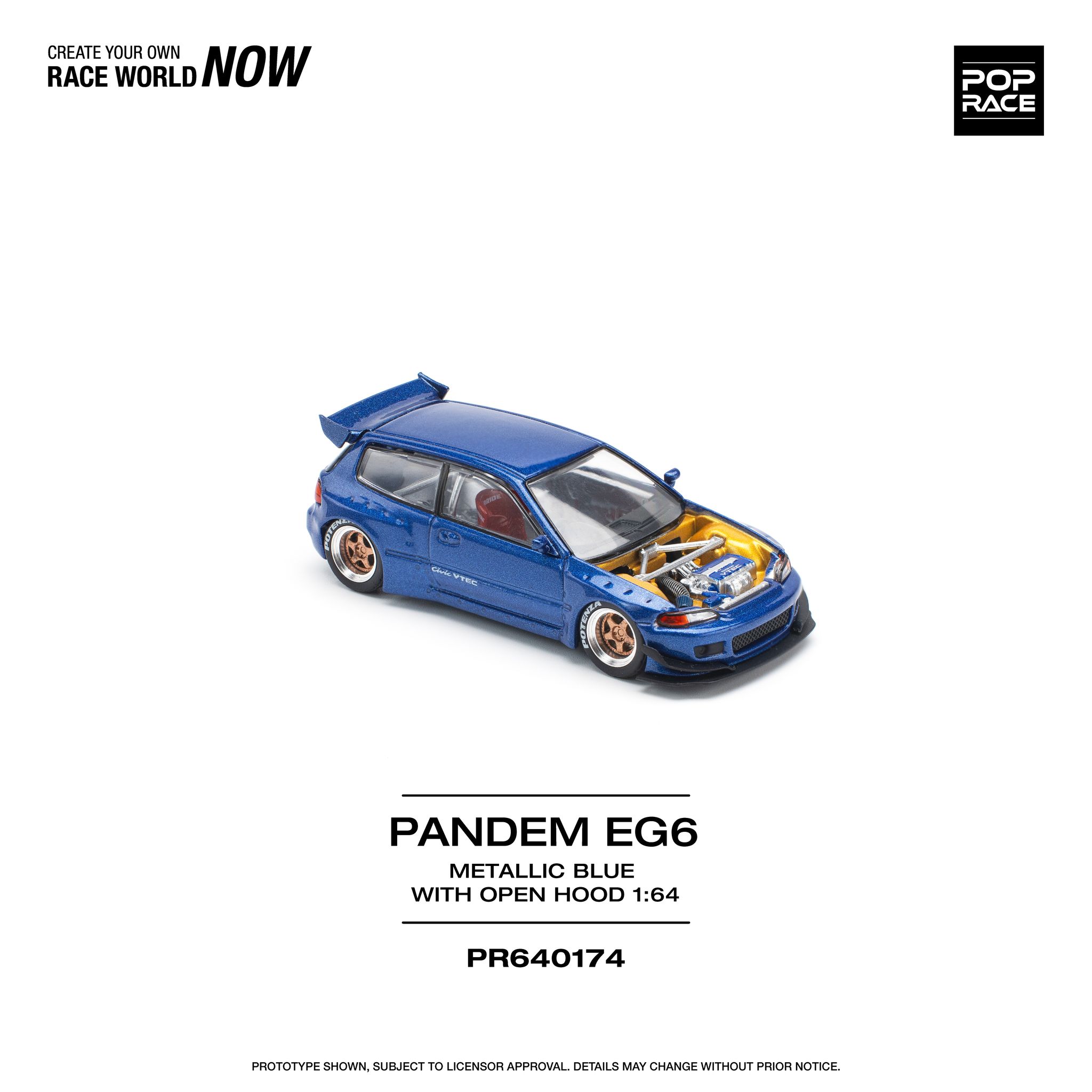 POP RACE MODEL 1/64 HONDA CIVIC EG6 PANDEM - METALLIC BLUE WITH OPEN HOOD_9