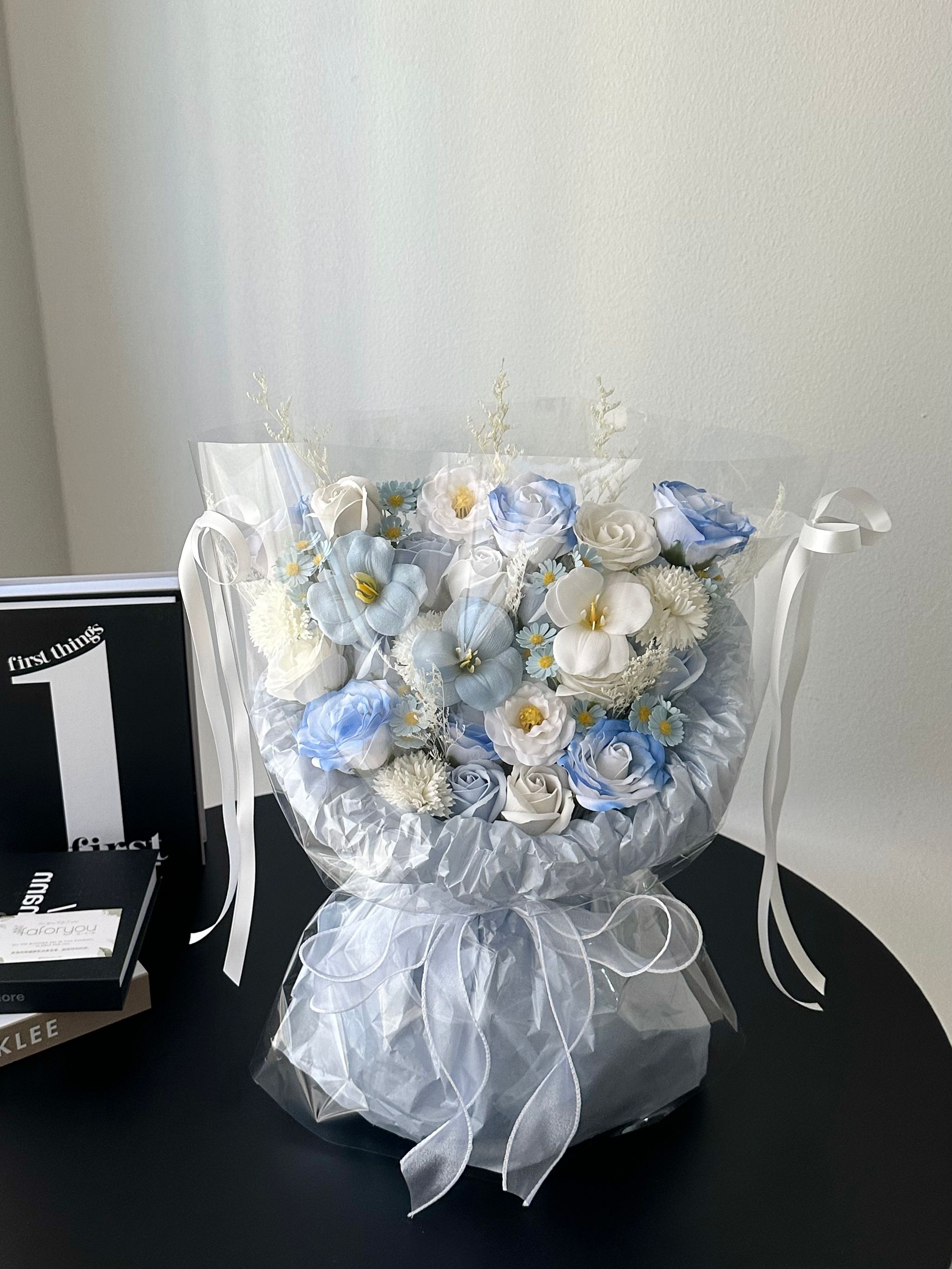 Blue White Soap Flower Mixed Transparent Bouquet _0