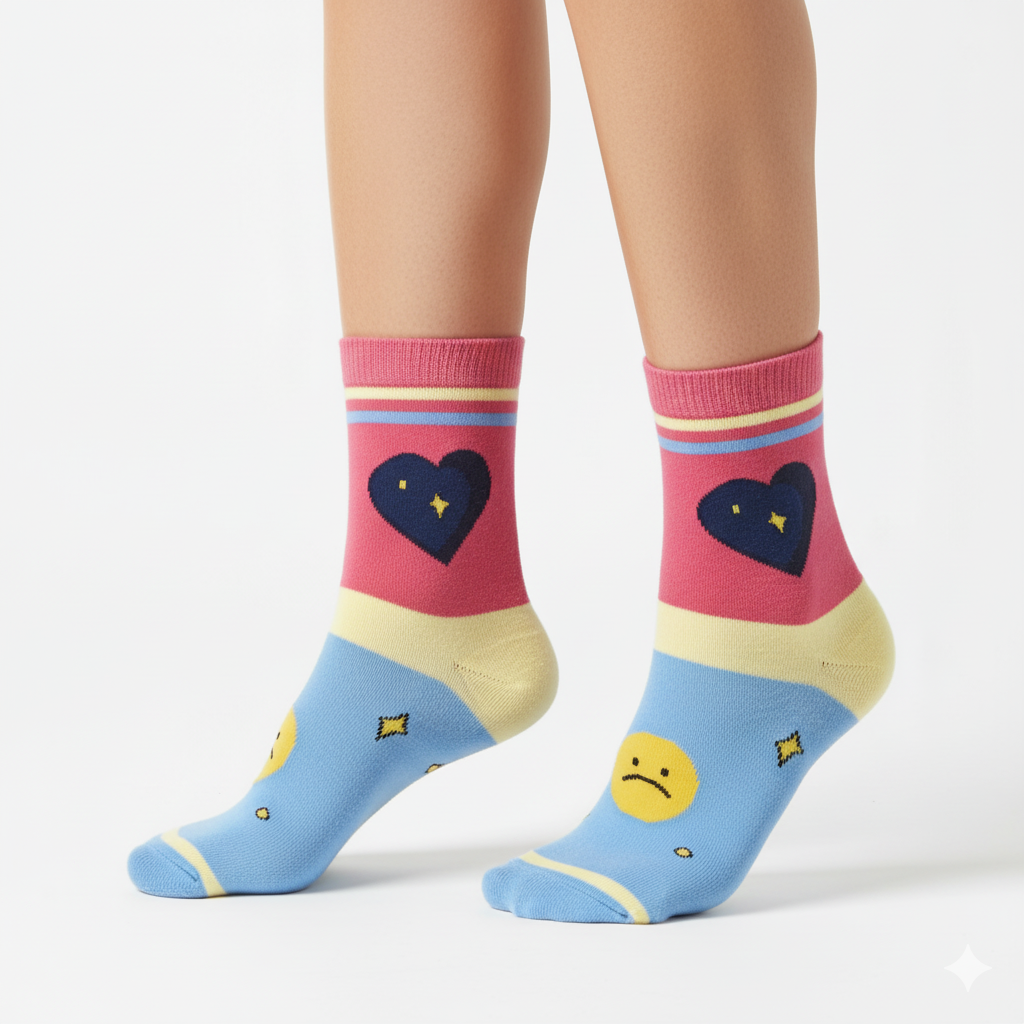 [10077] - 3 Pairs Women’s Cotton Blend High-Cut Crew Socks – Breathable Stripes/Plain & Trendy Graphics _0