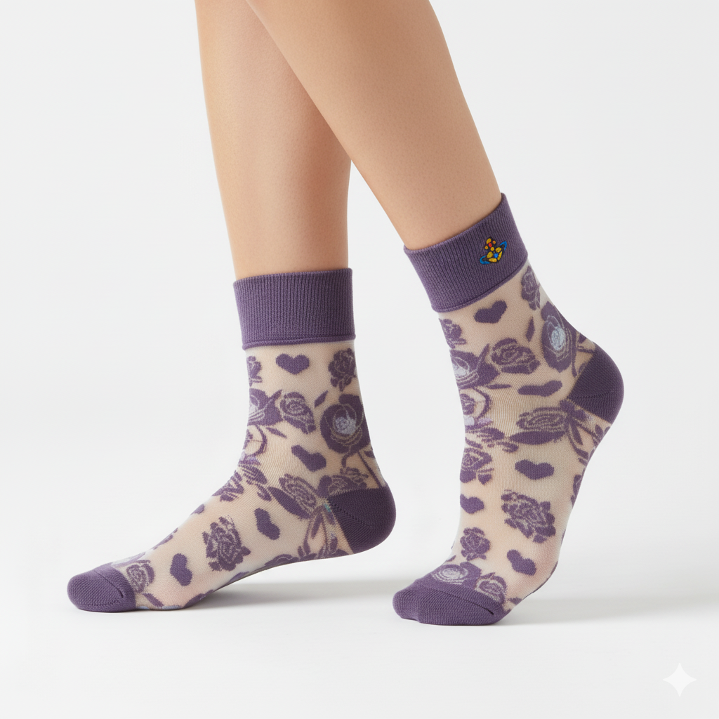 [20030] - 3 Pairs Women’s Sheer High-Cut Crew Socks – Breathable Floral Motifs, Neutral Tones_0
