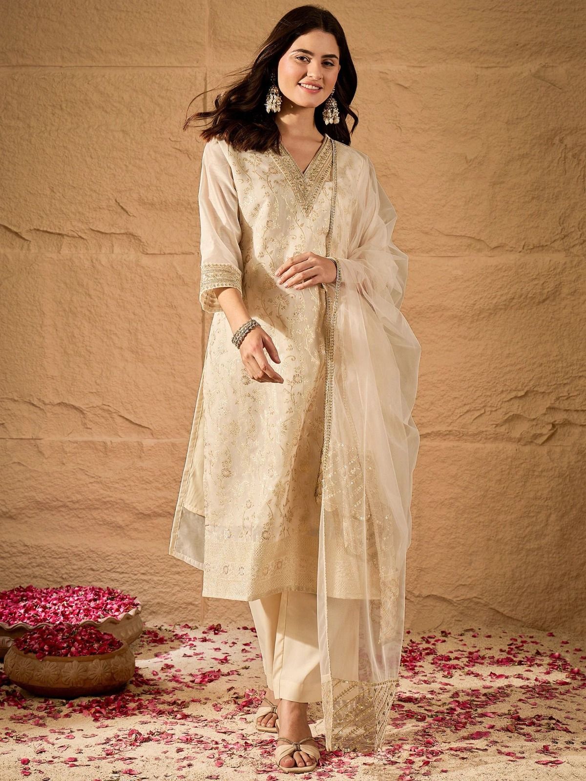 Women Embroidered Straight Kurta With Trousers & Dupatta_0