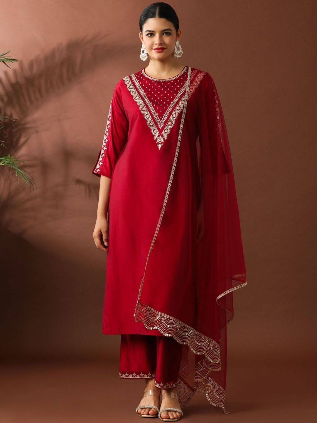 Women Embroidered Straight Kurta With Trousers & Dupatta_0