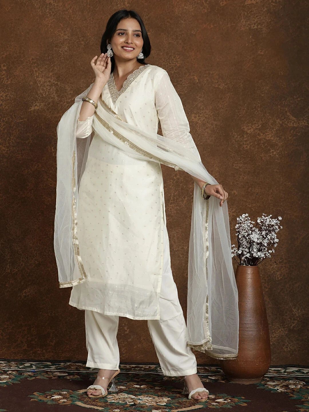 Women Embroidered Straight Kurta With Trousers & Dupatta_0