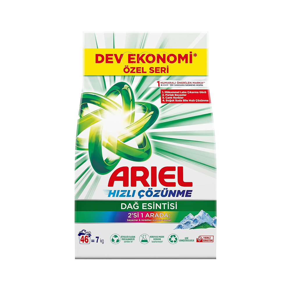 Ariel Dağ Esintisi 2'si 1 Arada Beyaz ve Renkliler Toz Çamaşır Deterjanı (7 kg)_0