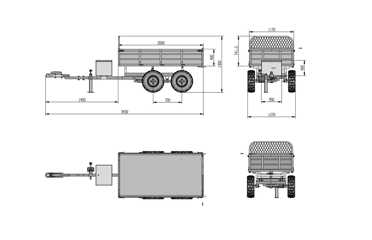 Remorque double essieux 4 roues 1400kg benne galvanisée basculante hydraulique 2000x1170x400mm Torros_6