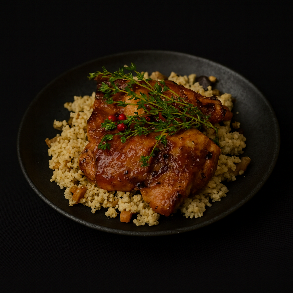 Muslo de pollo de campo al horno con salsa barbacoa, sobre ragú de berenjenas con cuscús_0