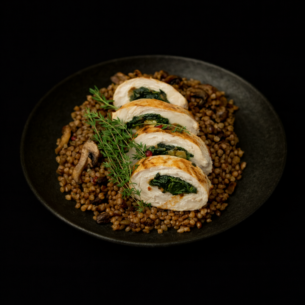 Pechuga de pollo rellena con panceta, espinaca, tomates secos y ajo, sobre trigo sarraceno con champiñones_0