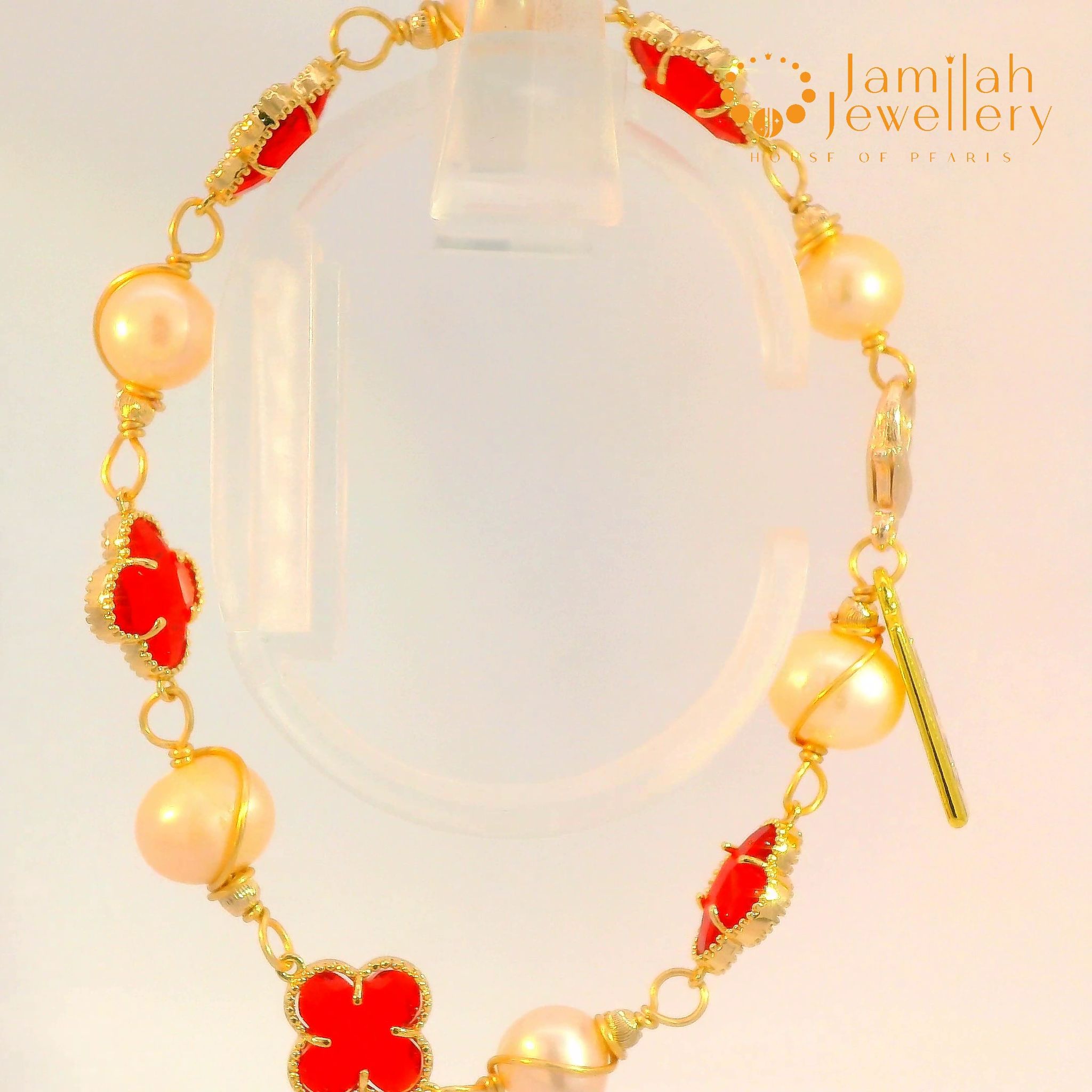 Classic White Pearl Bracelet with Hand-Wrapped Copper K9 Crystal Cherry Red Clover_1