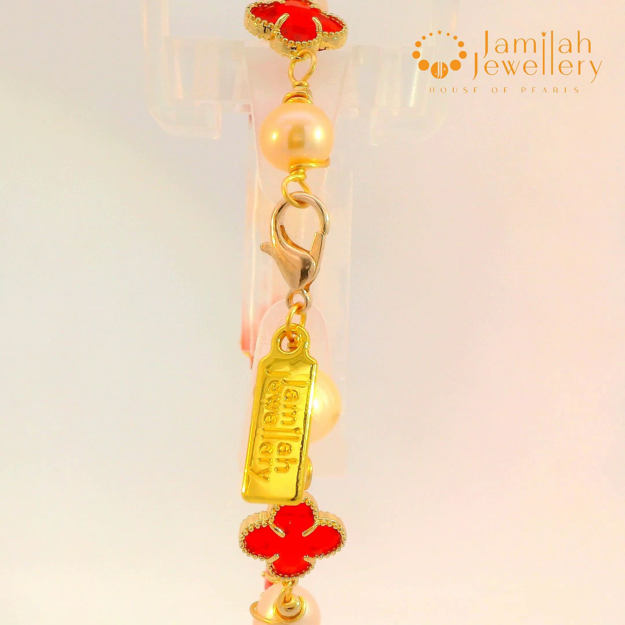 Classic White Pearl Bracelet with Hand-Wrapped Copper K9 Crystal Cherry Red Clover_2