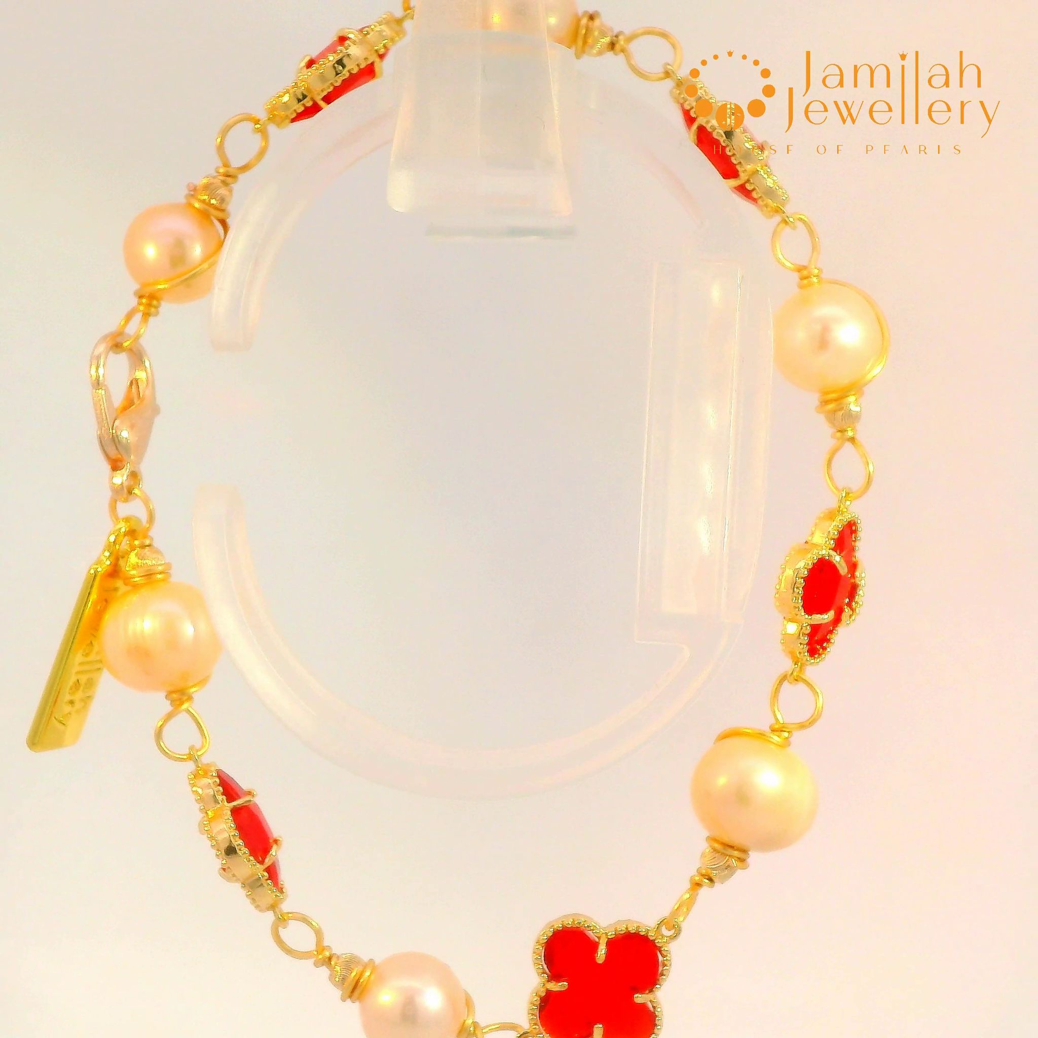 Classic White Pearl Bracelet with Hand-Wrapped Copper K9 Crystal Cherry Red Clover_3