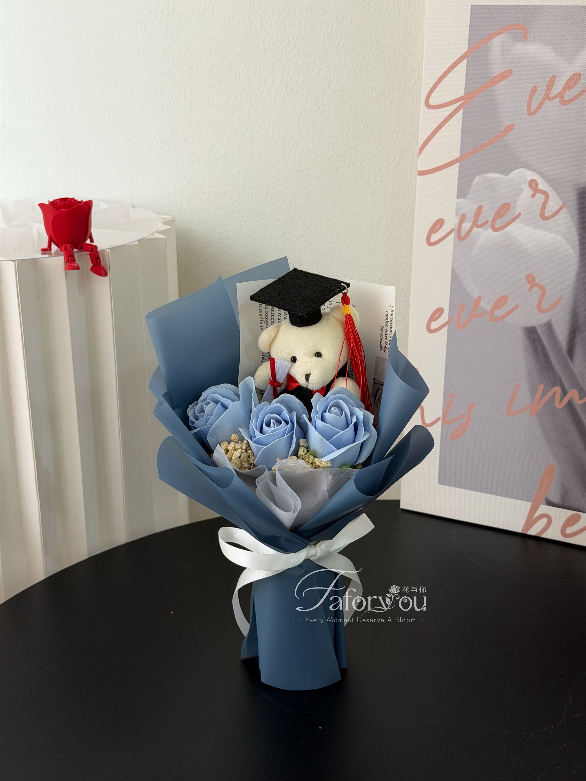 Graduation Bear 3 Stalk Soap Rose Bouquet _0