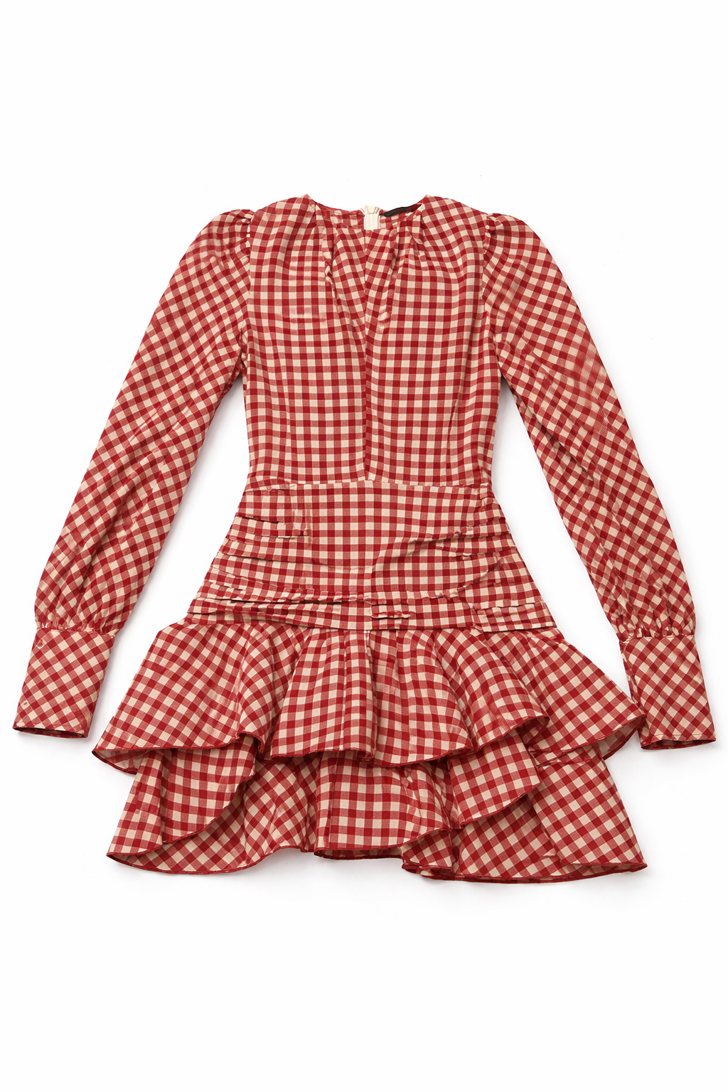 Vestido Corto Rojo a Cuadros con Mangas Largas y Falda con Volantes - Size M_0