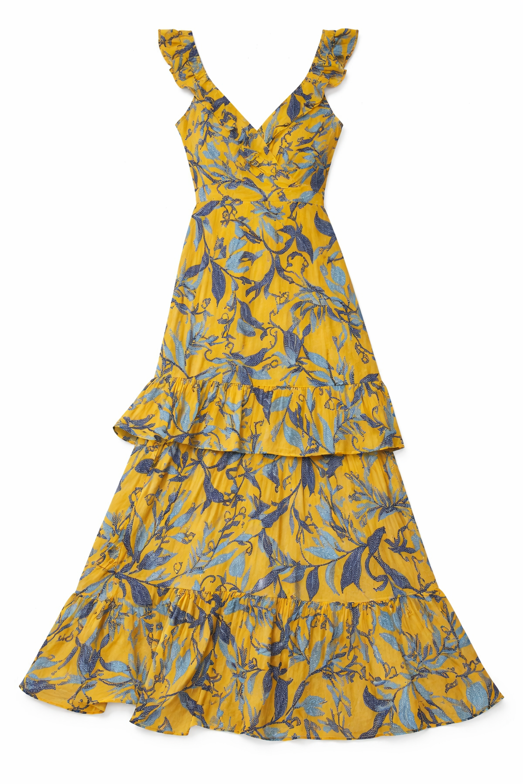 Vestido Largo Amarillo Estampado con Volantes y Escote en V - Size L_1