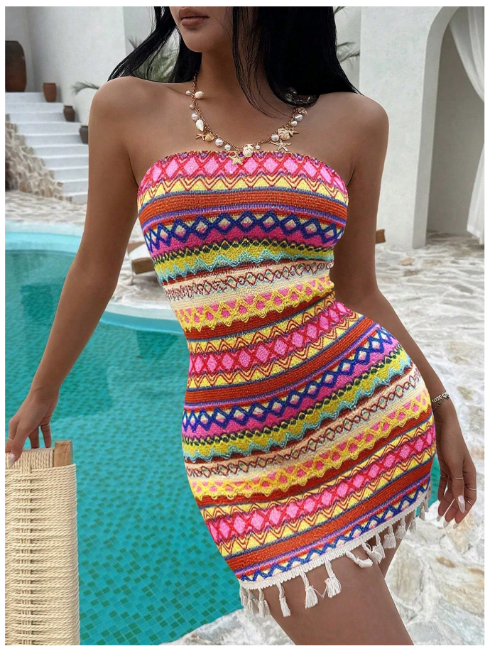 Bandeau Bodycon Tassel Hem Dress_0