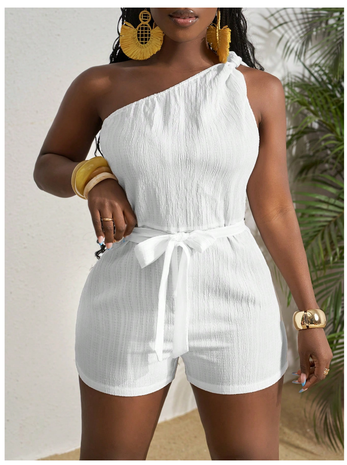 One Shoulder Twist Cinched Waist Jumper_0