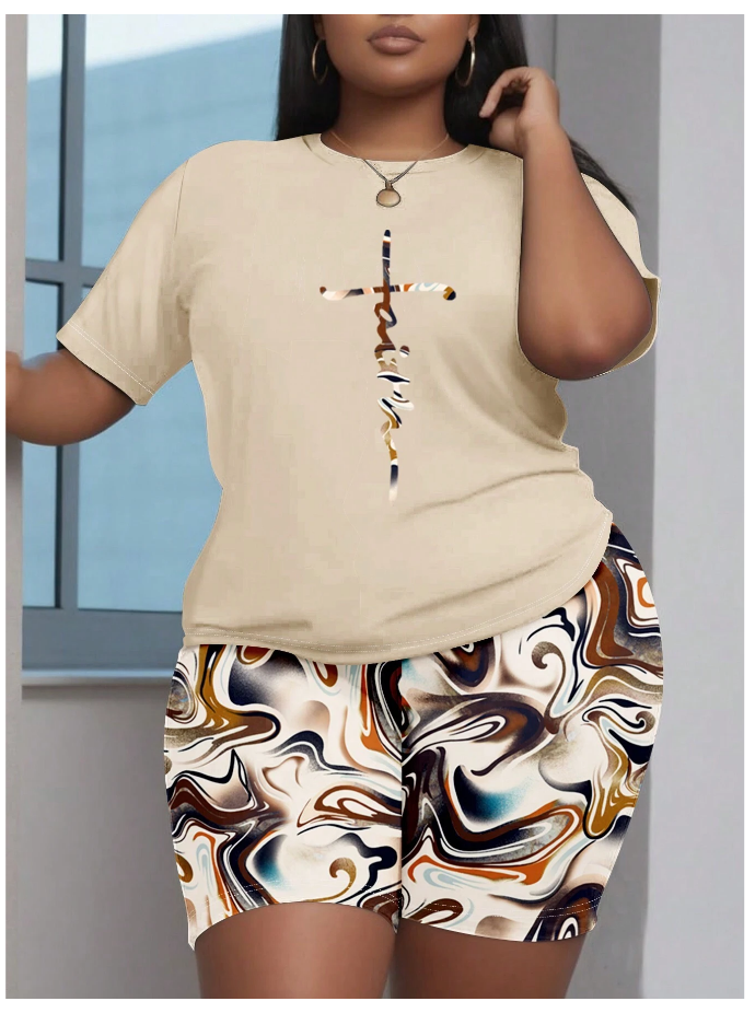 Khaki Prayer Slogan Wavy Print T-Shirt And Shorts_0