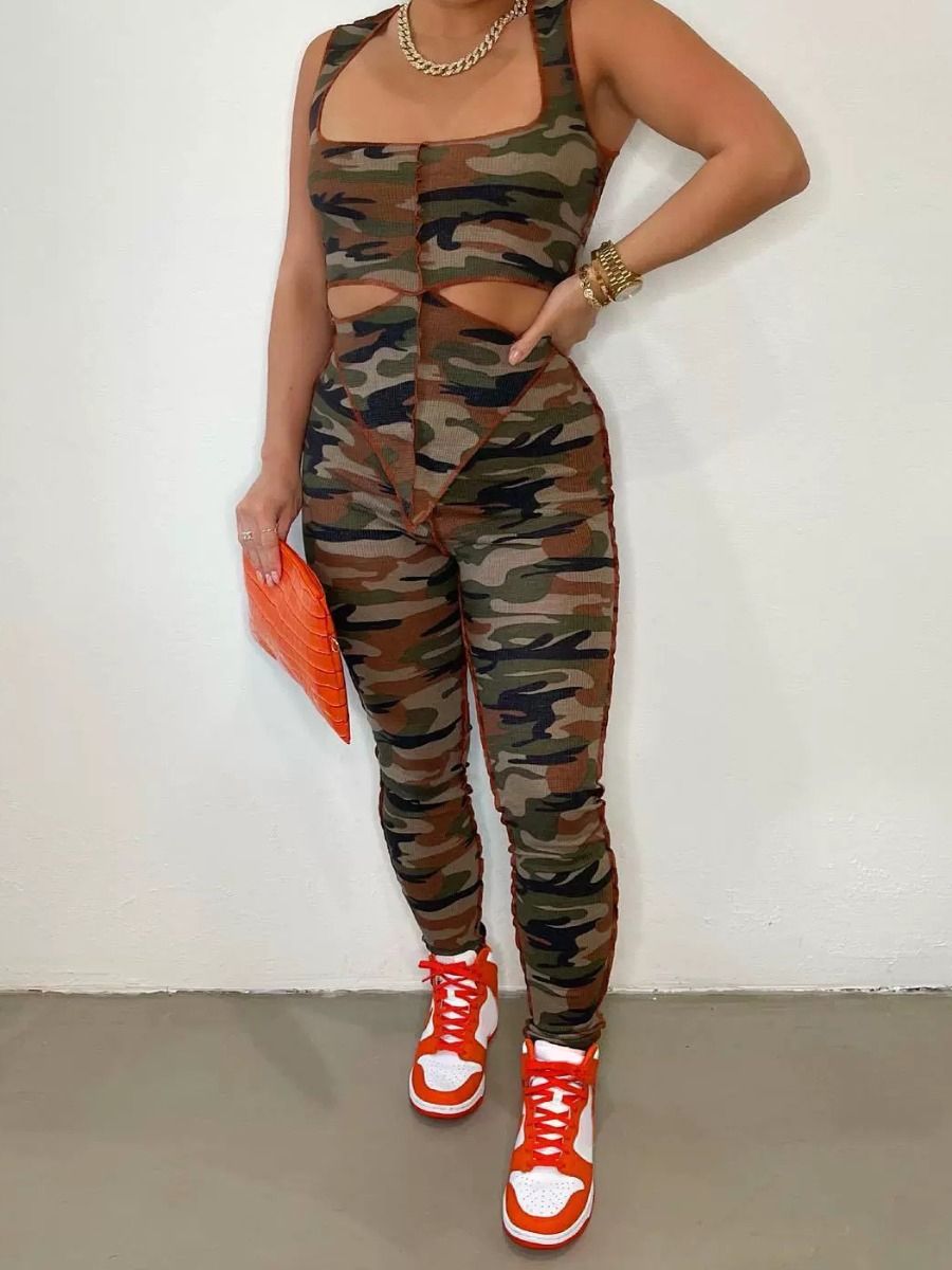 Cut Out Camo Sleeveless Two-Piece Pants Set_0