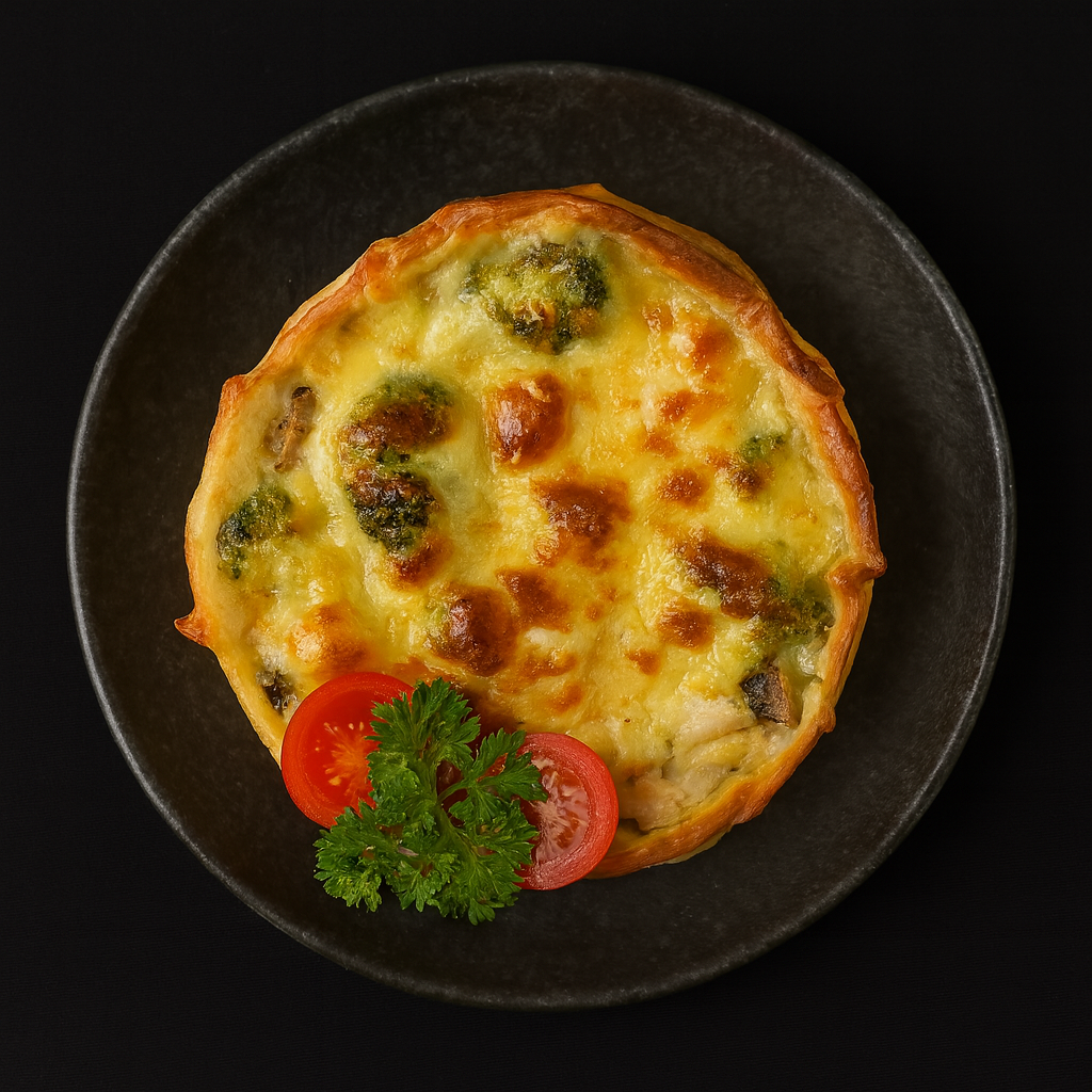 Киш с ломтиками куриной грудки , брокколи под сыром_0