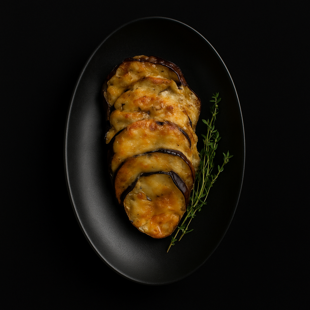 Запеченный баклажан с миксом из овощей, грибов , киноа и моцареллы_0