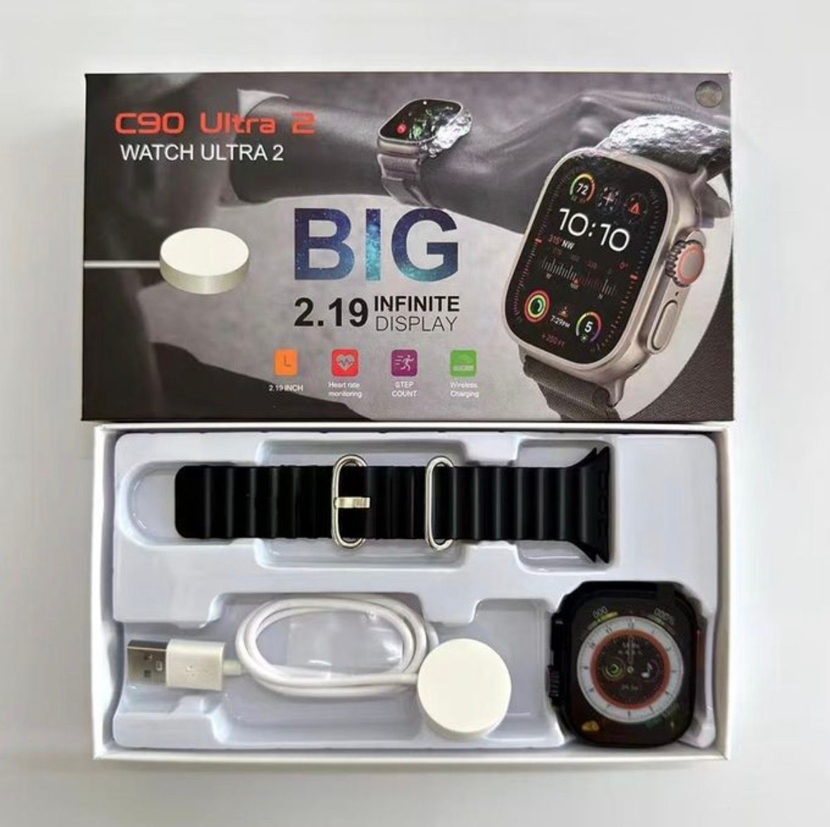 C90 Ultra Bluetooth Smartwatch Wireless Charge Fitness lOS Android Phone Call - Black _0