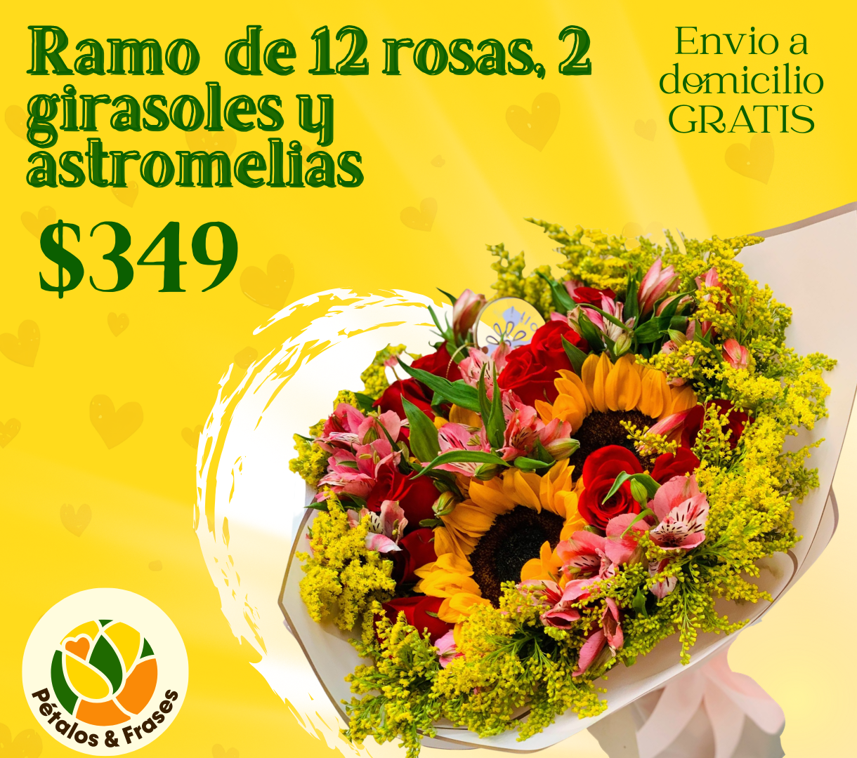 Ramo 12 rosas, 2 girasoles y astromelias_0