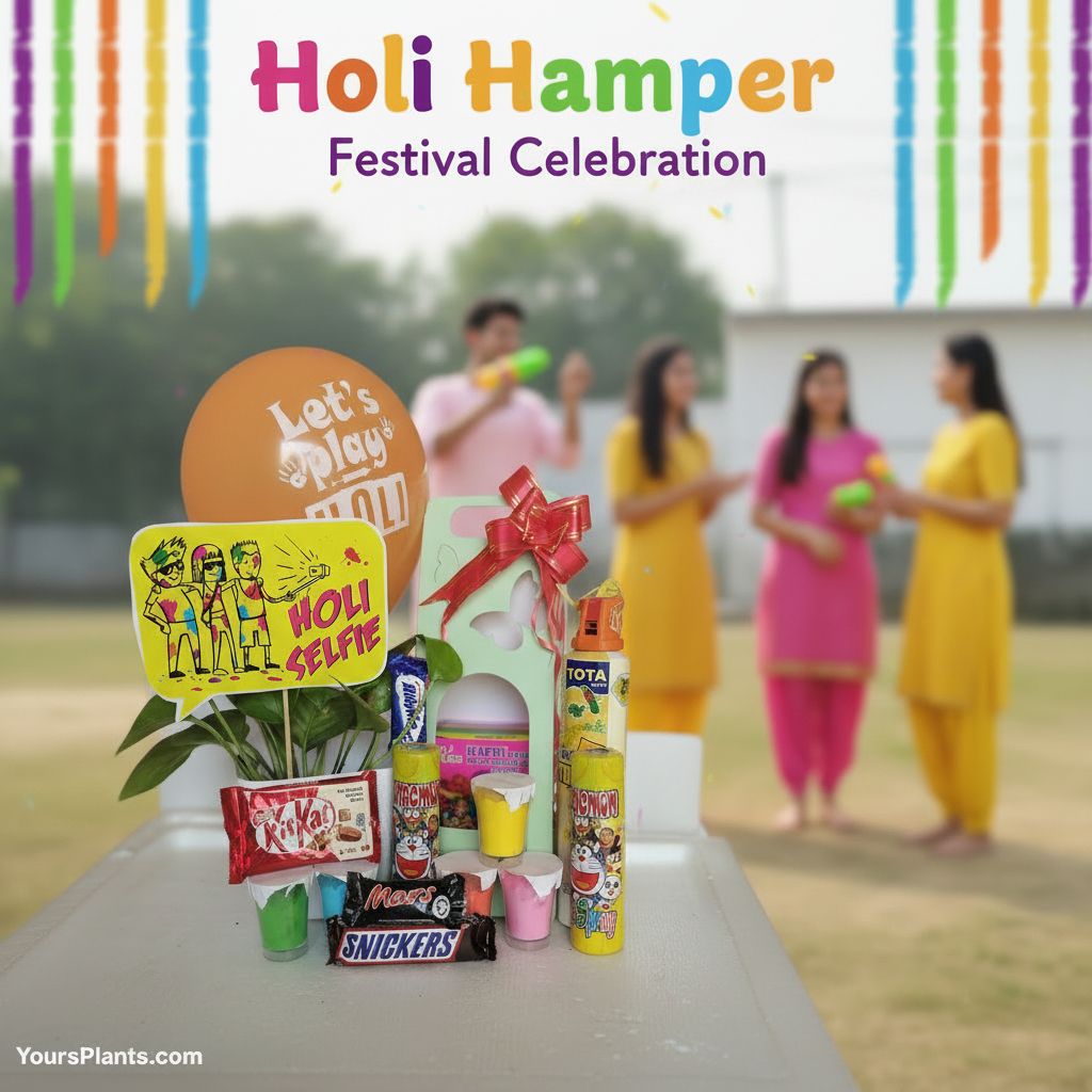 Holi Gift Hamper - 5 Color Herbal Gulal (Pink, Blue, Orange, Green, Yellow) with Chocolate & Balloon_0