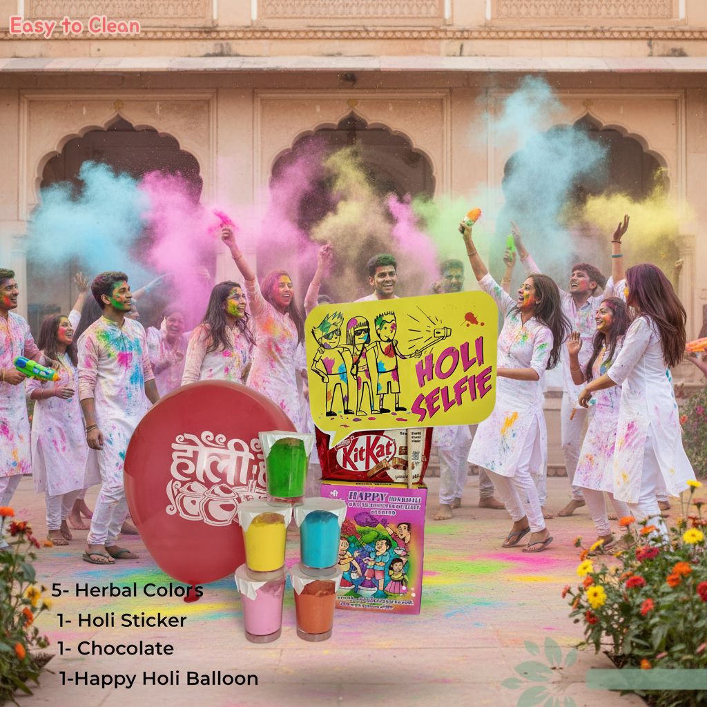 Holi Gift Hamper - 5 Color Herbal Gulal (Pink, Blue, Orange, Green, Yellow) with Chocolate & Balloon_6