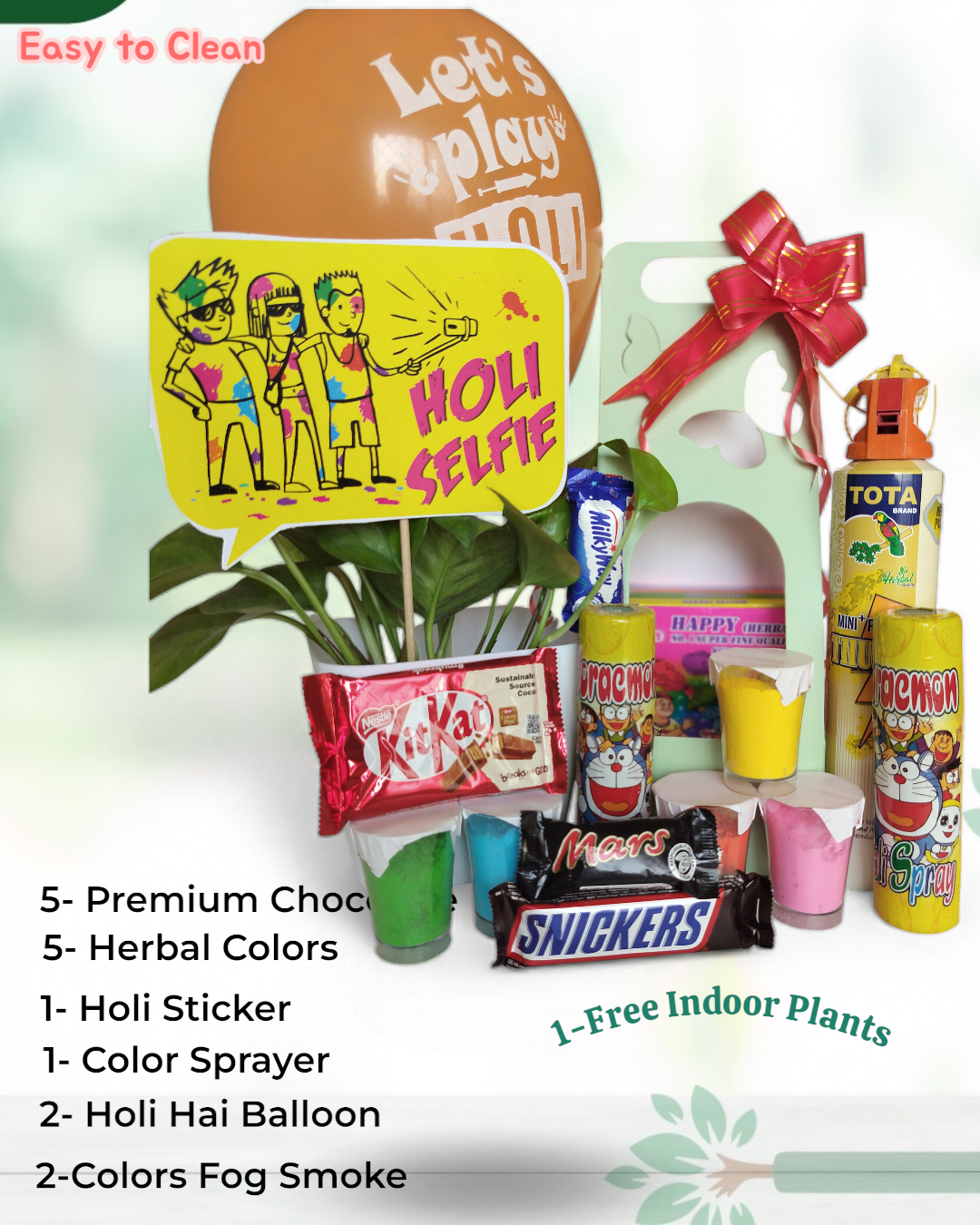 Holi Gift Hamper - 5 Color Herbal Gulal (Pink, Blue, Orange, Green, Yellow) with Chocolate & Balloon_4