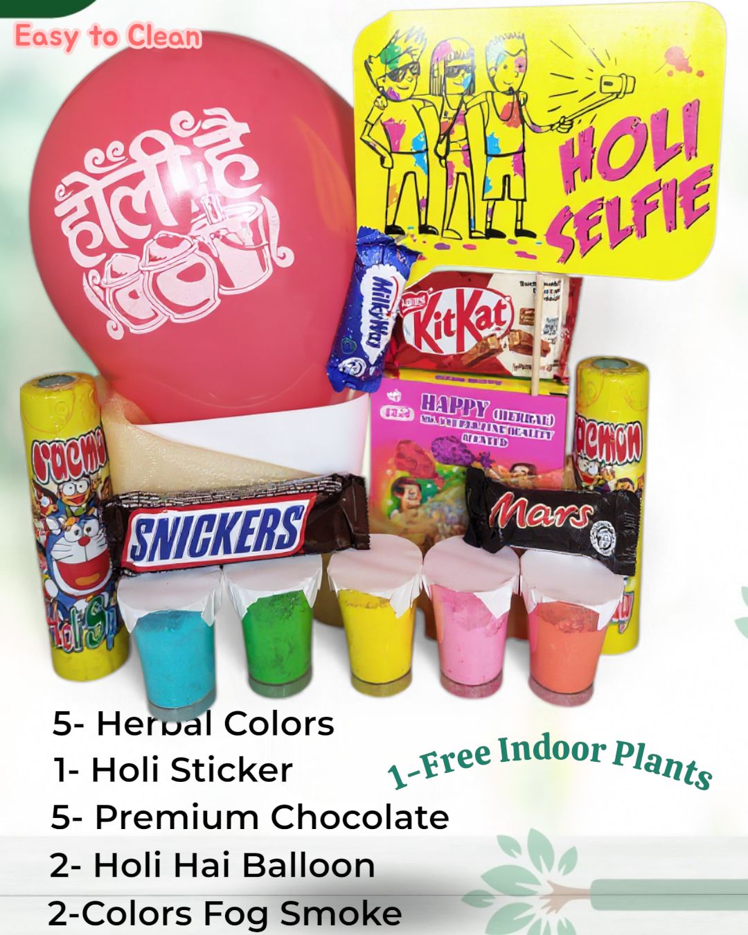 Holi Gift Hamper - 5 Color Herbal Gulal (Pink, Blue, Orange, Green, Yellow) with Chocolate & Balloon_5
