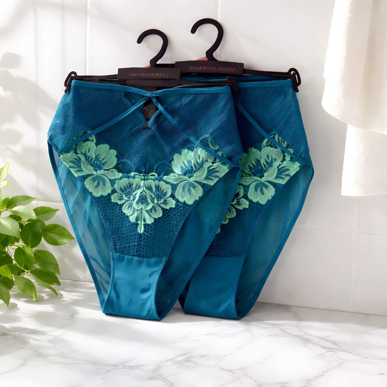 Ann Summers lace blue with green floral design _0