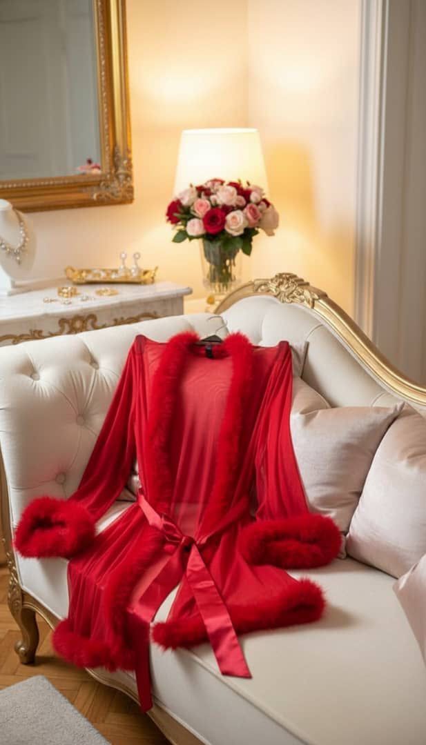 Crimson kiss collection luxurious long red robe with fur _0