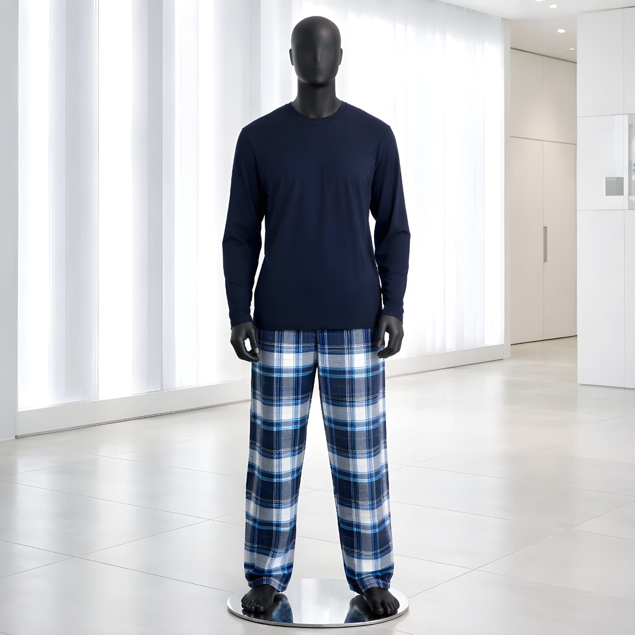 Men Jersey Long Sleeve & Woven Check Lounge Pant Set Navy Check _0