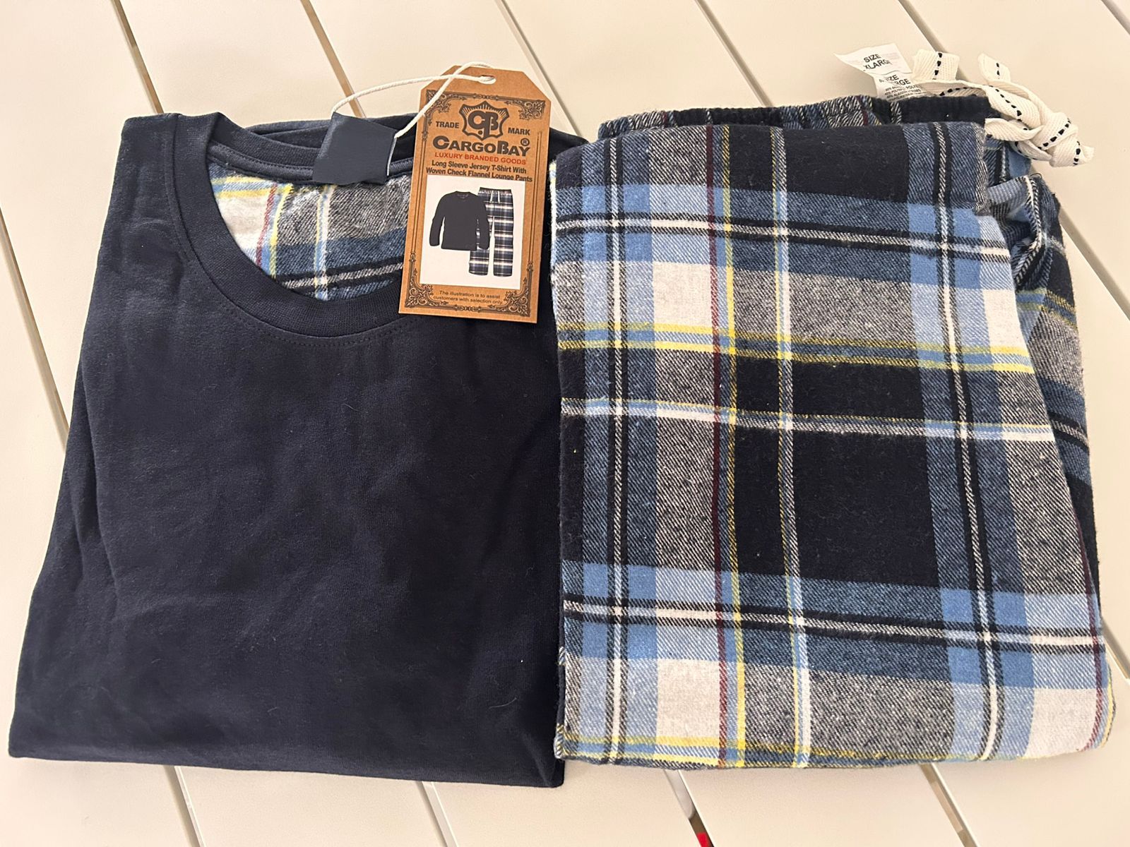 Men Jersey Long Sleeve & Woven Check Lounge Pant Set Navy Check _1