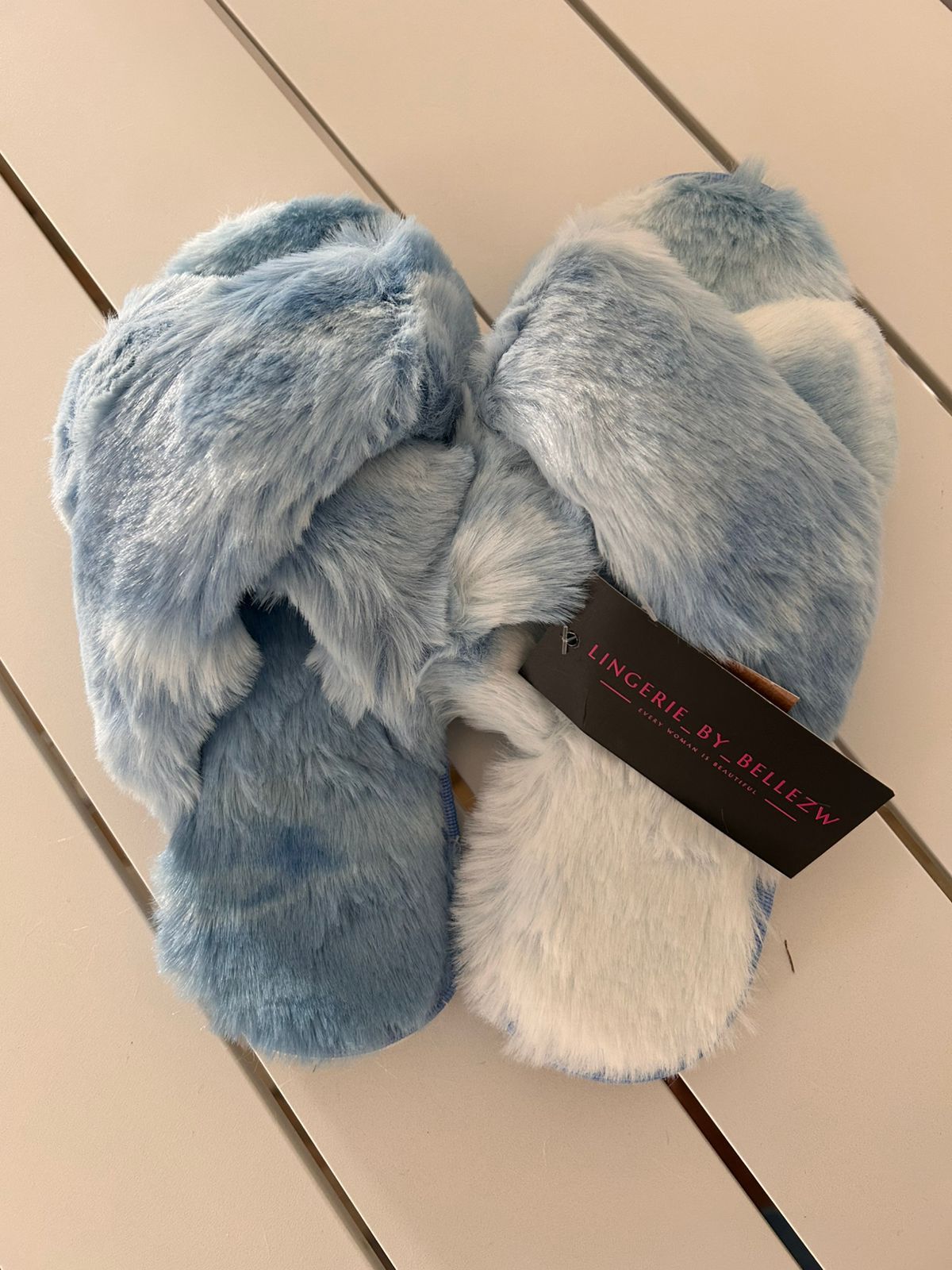 Ladies Two Tone Crossover Fluffy Slider - Blue_1