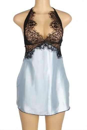 Sexy Deep V Neck Backless Blue Lingerie Dress _0