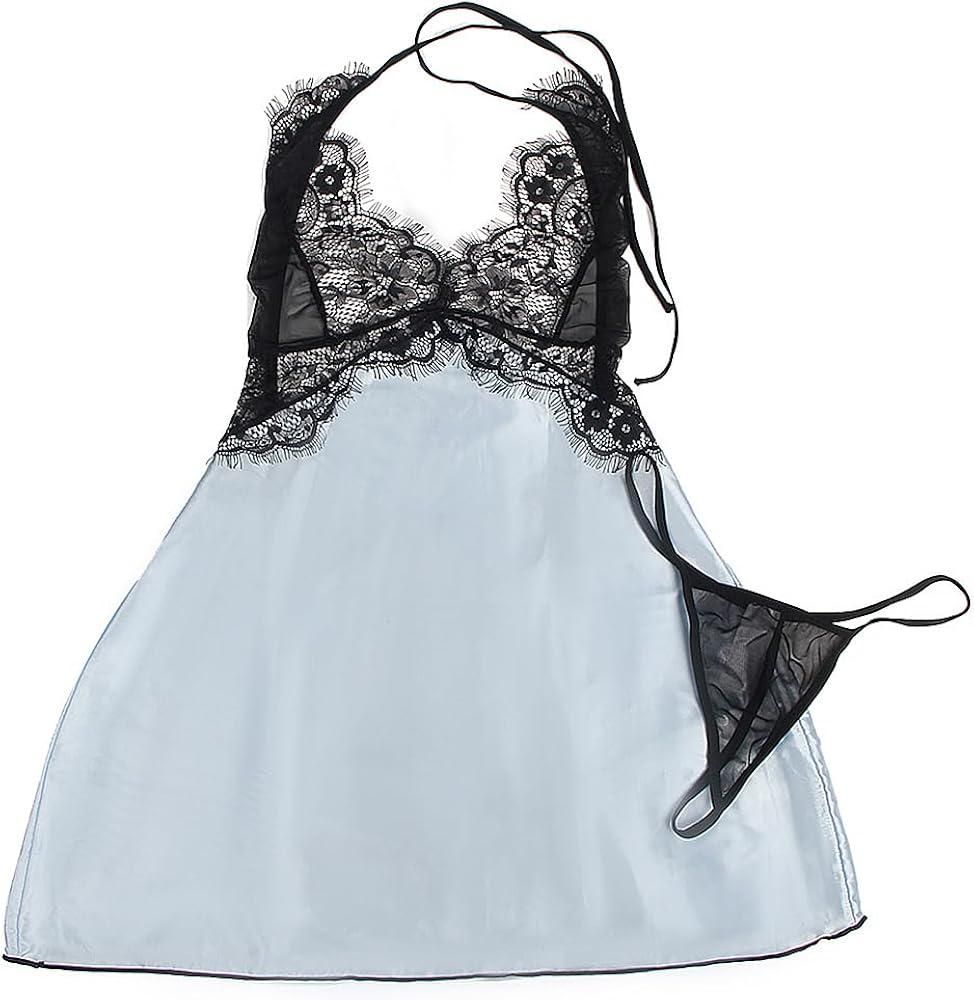 Sexy Deep V Neck Backless Blue Lingerie Dress _1