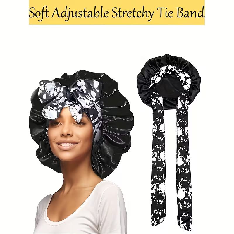 Ethnic Print Long Ribbon Satin Sleep Cap, Bow Tie Headscarf Hat, Chemotherapy Cap, Beauty and Hairdressing Hat_6