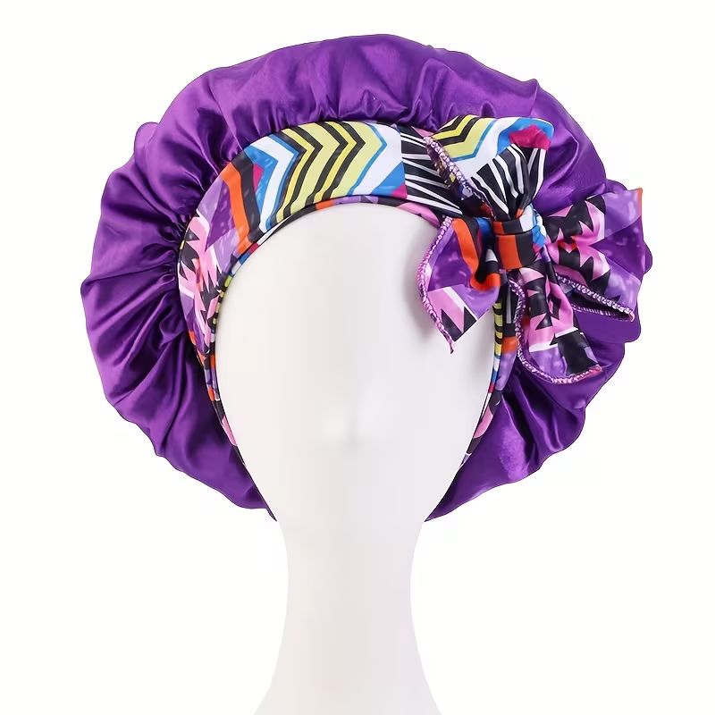 Ethnic Print Long Ribbon Satin Sleep Cap, Bow Tie Headscarf Hat, Chemotherapy Cap, Beauty and Hairdressing Hat_14