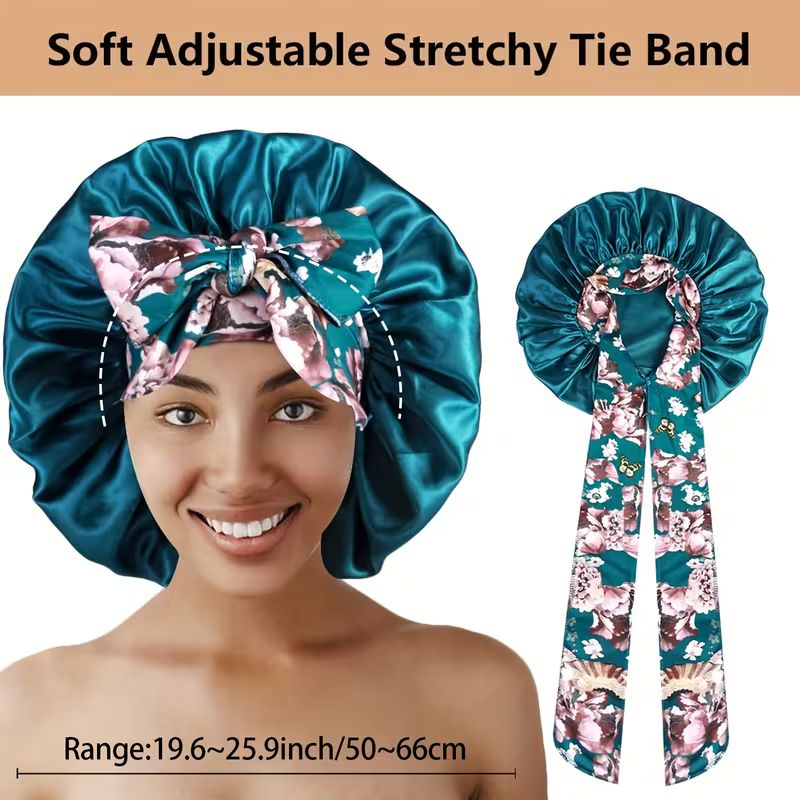 Ethnic Print Long Ribbon Satin Sleep Cap, Bow Tie Headscarf Hat, Chemotherapy Cap, Beauty and Hairdressing Hat_15
