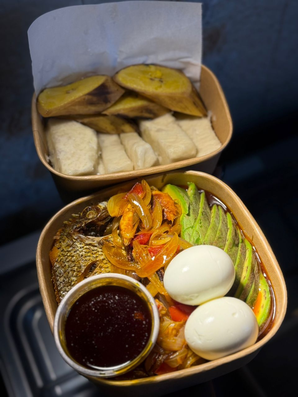 Boiled yam with ripped plantain and Abom_0