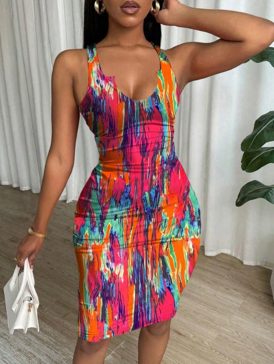Tie Dye Pleated Bodycon Dress_0